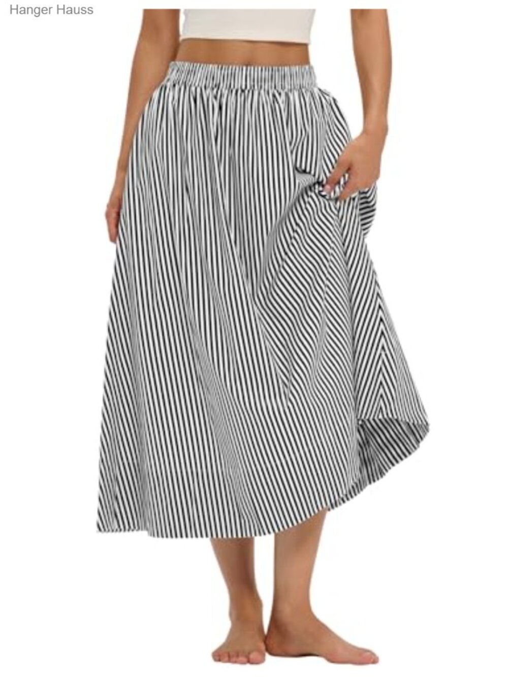 Women's Cotton Midi A-Line Skirt with Pockets Flowy Elastic Waist